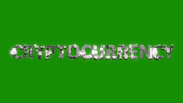 silver grey cybernetic text CRYPTOCURRENCY with animation on chroma key screen, isolated - loop video