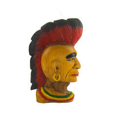 Wood carved Indian with head over a white background