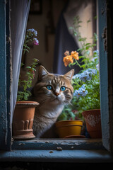 A cute domestic cat sits on the windowsill and looks out the window. The old wooden shutter is open. Pots with flowers. Natural lighting. Well-groomed pet. Illustration with copy space. Generative AI.