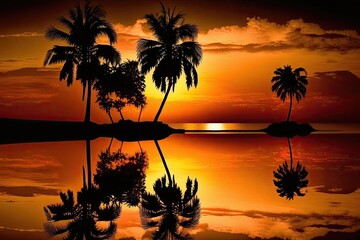 Sunset on a tropical beach with water reflected silhouettes of palm trees. Generative AI