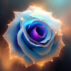 Generative AI: blue rose with golden ornament and blue background