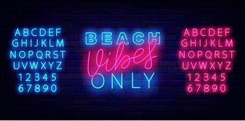 Beach vibes only neon sign. Sea coast party celebration. Season event flyer. Vector stock illustration