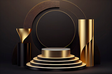 Black and Gold geometric pedestal podium with luxury golden pillar and circle backdrop