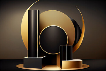 Black and Gold geometric pedestal podium with luxury golden pillar and circle backdrop