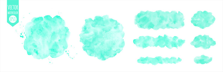 Mint green watercolor vector backgrounds, frames set. Uneven circle, round, rectangle hapes, brush stroke, stripe, spot. Watercolour stains, splashes. Painted hand drawn aquarelle graphic elements