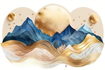 background of a majestic abstract mountain. Blue and gold watercolor wallpaper with wavy gold lines, hills, and the moon. For banners, covers, wall art, home decor, and invitations, luxury in rose gol - obrazy, fototapety, plakaty