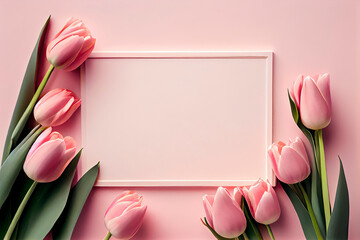 Flat lay, top view, with a lot of copy space, nice gentle background with pink tulips on pink background