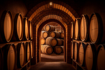 Wine barrels in a old wine cellar. Grape barrels in wine storage. Wooden oak barrels with whiskey in storage. Vintage Wine in an old barrel. Storage of whiskey . Barrel storage of rum. - obrazy, fototapety, plakaty