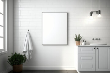 Blank frame on White Wall in bathroom. Template for Design. Mock Up. AI generated