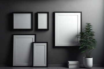 Obraz na płótnie Canvas Blank black frames on Grey Wall in living room. Template for Design. Mock Up. AI generated