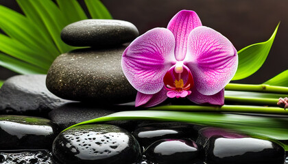 Fototapeta premium Spa still life with zen stones, orchid and bamboo, Generative AI