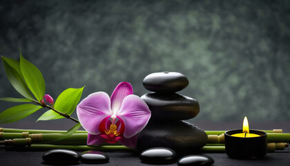Spa still life with zen stones, orchid and bamboo, Generative AI