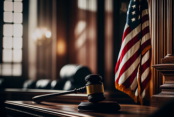 Mallet of judge in American courtroom. American flag in courtroom with Judge hammer or Mallet of judge. Justice concept in courtroom. - obrazy, fototapety, plakaty
