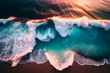 Sea Waves at beach, top view. Seashore sea waves, bright beach near seaside. Wave at sand beach. Splashing Waves in ocean. Turquoise sea water. Sea aerial view in tropical sunset, drone view.