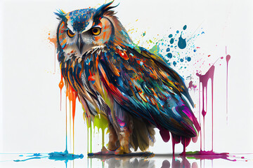 full body of a colorful owl,white background,dripping art