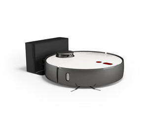 3d illustration of black robot vacuum cleaner for dry cleaning with container with charger on white background with shadow