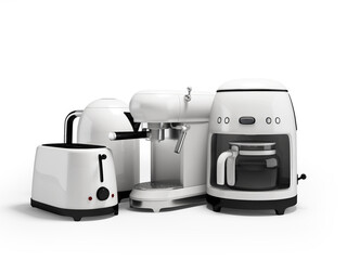 3D illustration of group of kitchen appliances for the kitchen on white background with shadow