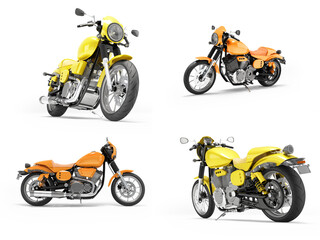 3D illustration of group of motorcycles on white background with shadow