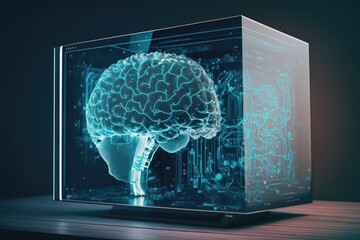 Double exposure shows a desktop computer drawing a hologram of the brain. Concept of artificial intelligence. Generative AI