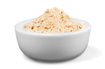 Collection of different spices with names in white pans, isolated