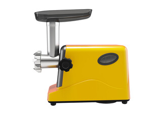 3D illustration assistant orange electric meat grinder for kitchen side view on white background no shadow
