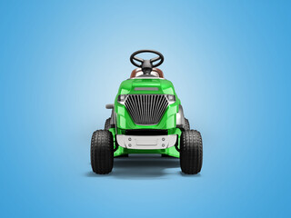 3d illustration modern garden mini tractor lawnmower with grass container front view on blue background with shadow