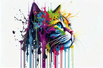 colorful cat,white background,dripping art