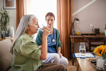 Nurse cosulting with senior her health condition, taking pills.