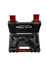 Modern semi-automatic pistol. A short-barreled weapon for self-defense. Arming the police, special units and the army. Weapon in a case for storage and transportation. Isolate on a white back.