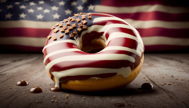 American donut. Topping, icing in the shape of the flag of the United States. Illustration with moody studio lighting. Dark food style photography. Closeup of delicious snack. Generative AI. 