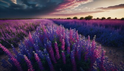  a field full of purple flowers under a cloudy sky with a sunset in the background and a pink cloud in the sky over the field.  generative ai