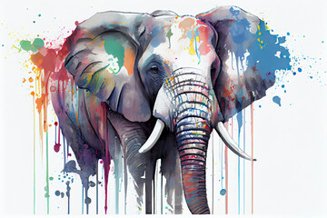 colorful elephant,white background,dripping art