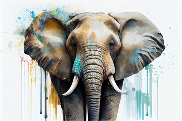 colorful elephant,white background,dripping art