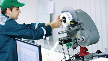 The worker changes paper roll with marking stickers on a machine with automated marking.