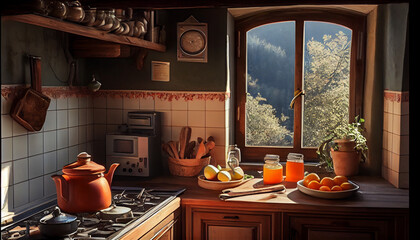 Obraz na płótnie Canvas 3d render of a vintage kitchen with morning light. Hobby cooking. Aesthetic kitchen - Generated by Generative AI