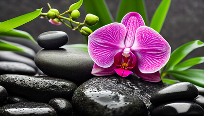 Fototapeta na wymiar Spa still life with zen stones, orchid and bamboo, Generative AI