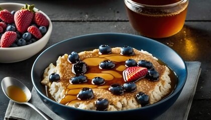  a bowl of pancakes with syrup and berries on a table next to a bowl of honey and a bowl of berries on a table next to a bowl of honey and a bowl of honey.  generative ai