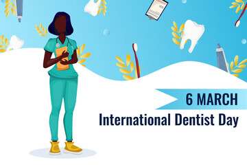 World Dentist Day. Concept illustration Cartoon Doctor in uniform next to a clean tooth. Banner template. Vector. flat style