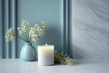 with a lot of copy space, nice gentle background with gypsophila flowers and candle on marble background