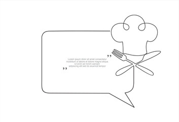 Continuous one line drawing of chef hat or cap with fork, spoon, knife and speech bubble. Trendy line art vector on a white background. Vector illustration.