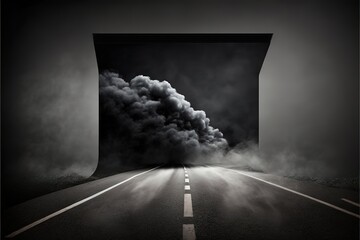 Black asphalt road and empty dark street scene background with smoke float up texture wall background, the foggy road in the morning, Free for take-off and landing runway at the airport