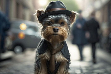 A Yorkshire Terrier dog is a spunky little gangster, dressed to the nines in a hat and tie against a street background, generative ai