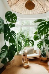 Cozy eco-house with room with rattan chairs, jute rugs on the floor and giant Monstera Deliciosa plant. Natural sustainable materials in eco-friendly interior design - generative ai