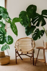 Cozy eco-house with room with rattan chairs, jute rugs on the floor and giant Monstera Deliciosa plant. Natural sustainable materials in eco-friendly interior design - generative ai