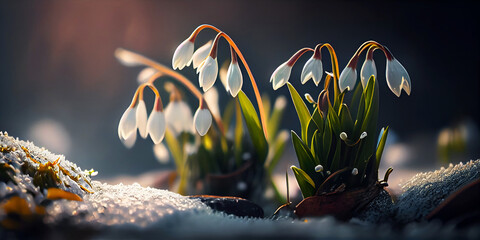 White snowdrops flowers growing out of snow in early spring.  Created with Generative AI technology.	