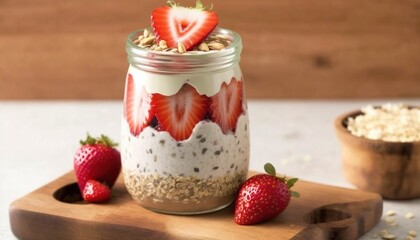 a jar filled with oatmeal and strawberries on top of a cutting board next to a bowl of oatmeal and strawberries.  generative ai