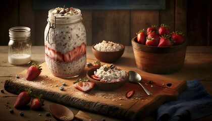  a jar of yogurt and strawberries on a cutting board next to a bowl of strawberries and a bowl of oats.  generative ai