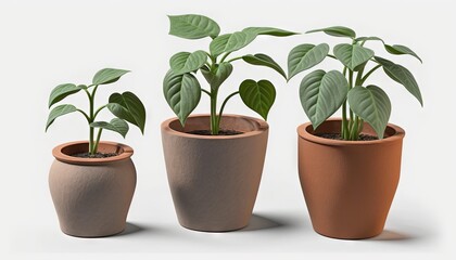 Fototapeta premium three clay pots with plants in them on a white surface, one of which has a green plant in the middle and the other one with a leafy plant in the middle. generative ai