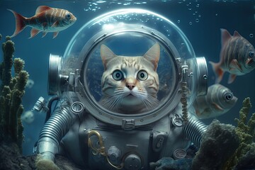 Illustration of a cat diver explorer - Created with generative ai - obrazy, fototapety, plakaty