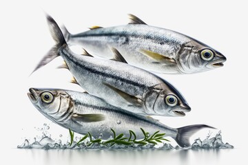 Isolated fresh herring fish on a white backdrop. Generative AI